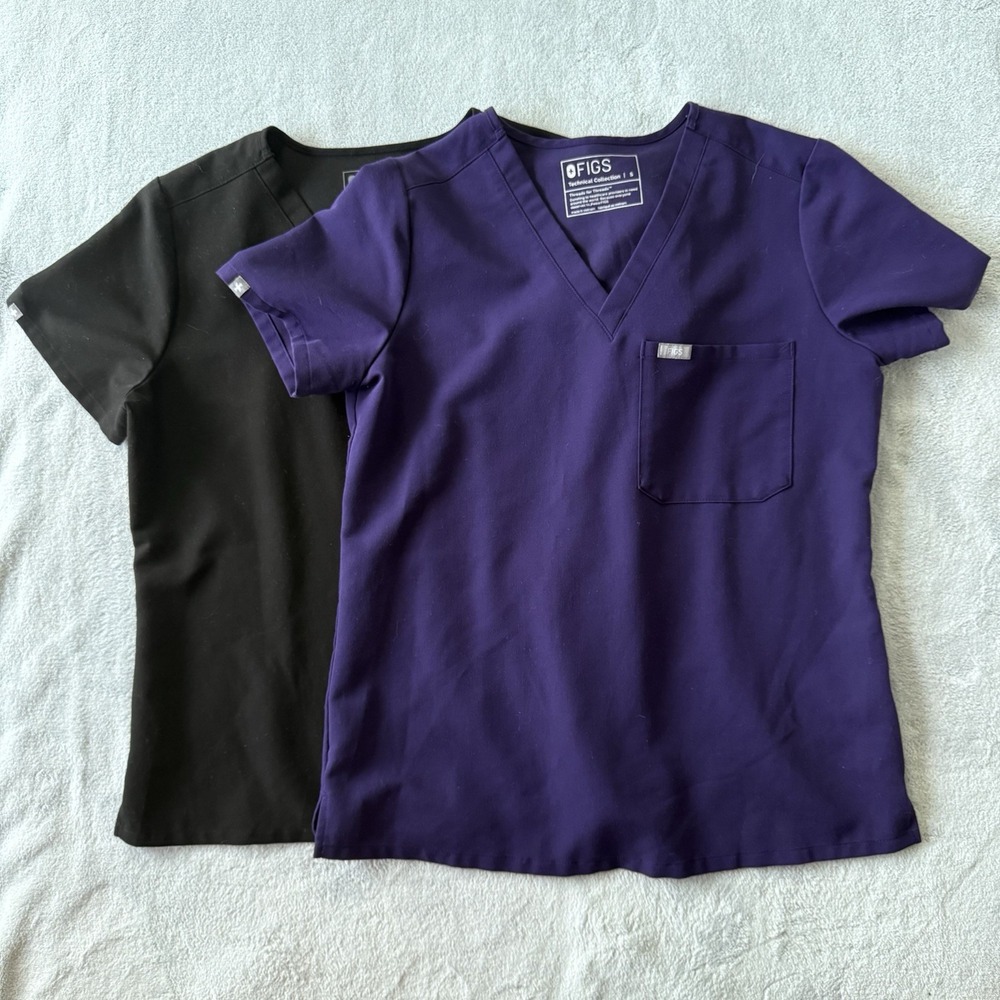 Lot of 2 FIGS Catarina One Pocket Scrub Tops Size Small S Purple Black V Neck